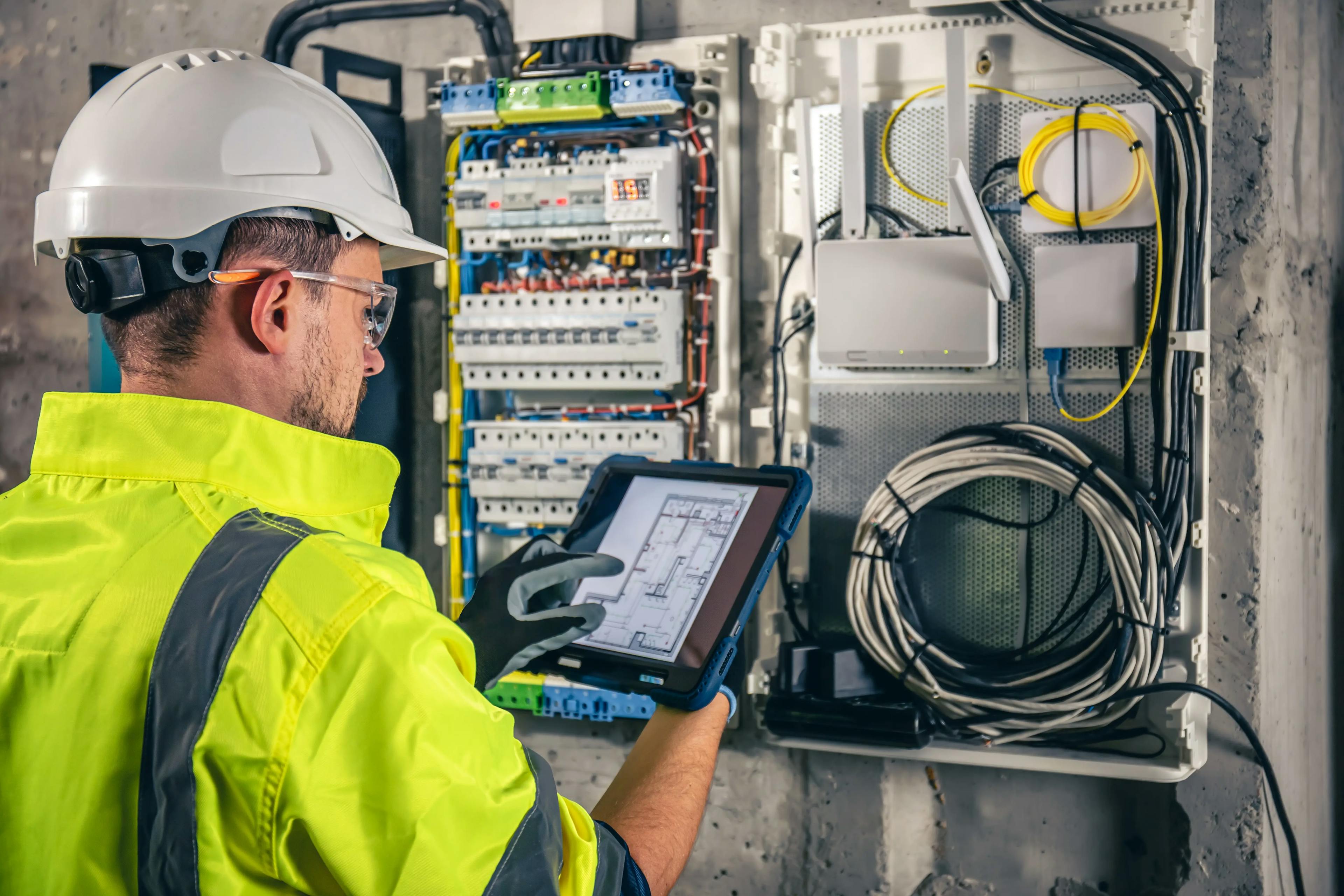 Foto de um técnico eletricista fazendo uma instalação